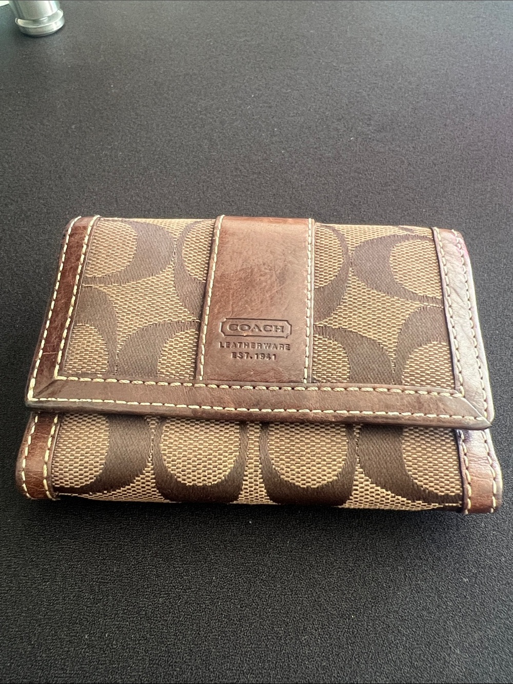 Coach Brown Signature Canvas Card Holder with Dark Brown Leather Trim Y2K